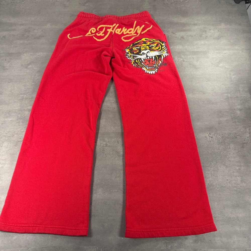 Ed Hardy Sweatpants Women S Red Tiger Graphic Wide Leg Flare Bootcut Spellout